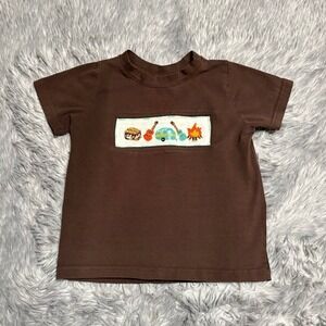 Lubes And Lace Smocked Short Sleeve Tee Brown Camping Music Themed Toddler 3T